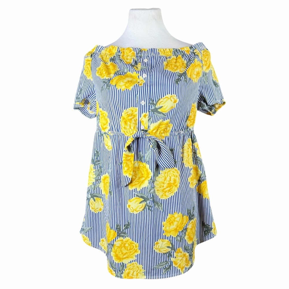A Hint of Blush Blue & White Stripe w/ Yellow Rose Print Off Shoulder Blouse - S